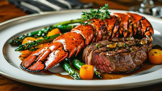 Grilled lobster tail and steak with asparagus and roasted vegetables on a white plate.
