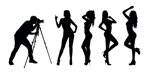 Man photographer with camera on tripod taking shot and shooting videos of group sexy woman model in studio vector silhouettes on white background.
