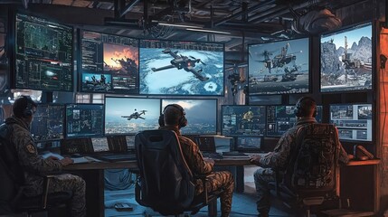 Military drone control room with multiple monitors displaying aircraft surveillance footage, operators in tactical gear monitoring advanced technology systems