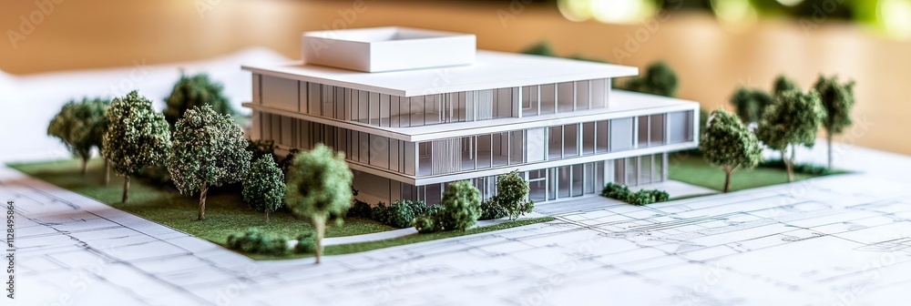 Poster modern office building blueprint with miniature model architectural design and planning concept.