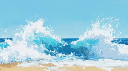 Obraz premium Blue ocean waves crashing onto sandy beach, set against bright clear sky, symbolizing escape to tranquil seaside paradise.