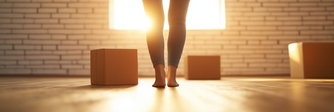 A woman stands barefoot in a sunlit room, taking a step forward, symbolizing new beginnings, freedom, and the beauty of embracing life's moments.