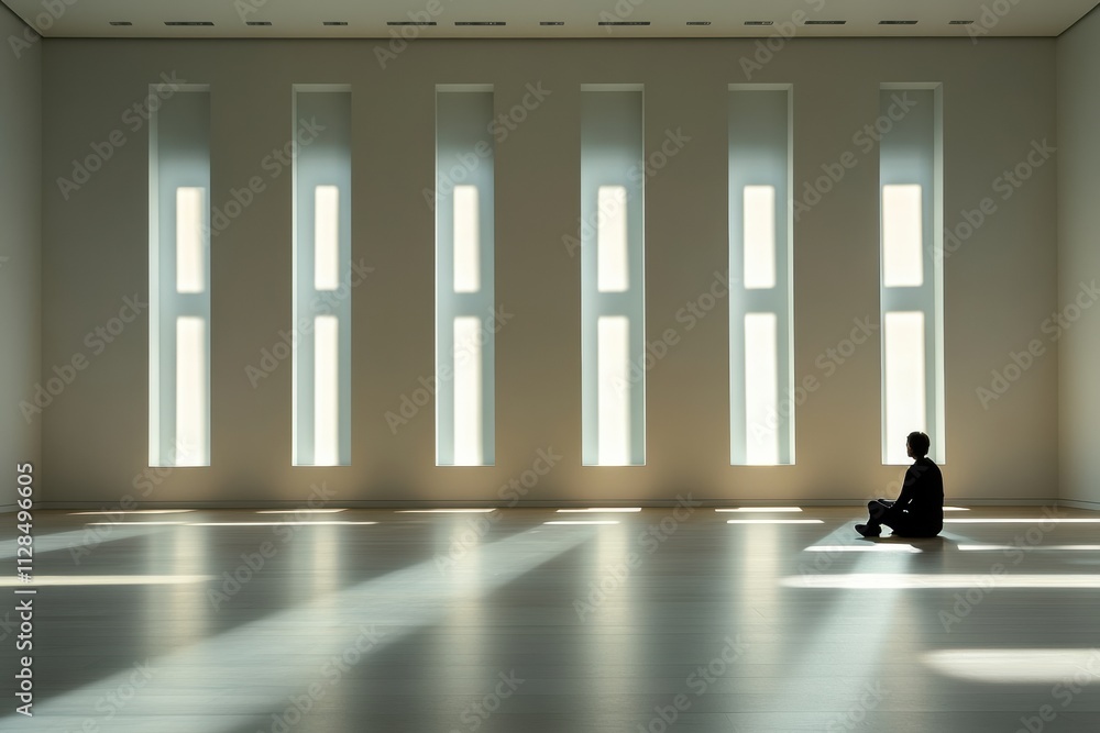 Poster A solitary person sits quietly on a gallery floor, surrounded by large windows that cast soft, tranquil light. Generative AI