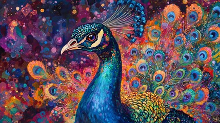 Obraz premium A vibrant portrait captures the captivating beauty of a peacock (Pavo cristatus) in its majestic plumage, its iridescent feathers shimmering with ethereal hues