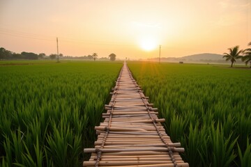 Obraz premium Serene Bamboo Bridge Amidst Lush Green Rice Fields Under Golden Sunset Sky, Ideal for Nature Photography and Tranquil Scenery Exploration