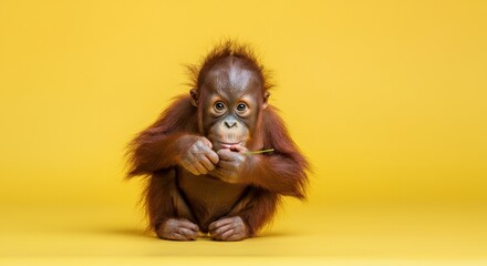 Young orangutan against bright yellow background