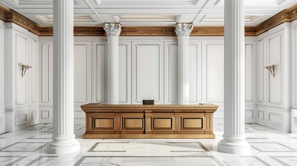 White and Wooden Bank Interior with Teller Counters, Featuring a Clean, Modern Design that Combines Elegance and Efficiency for a Professional Banking Experience
