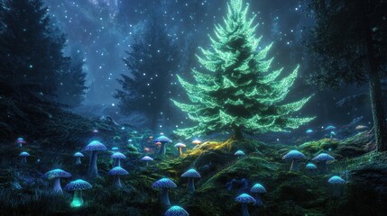Fototapeta premium A mystical forest scene featuring a glowing tree and colorful mushrooms under a starry sky.
