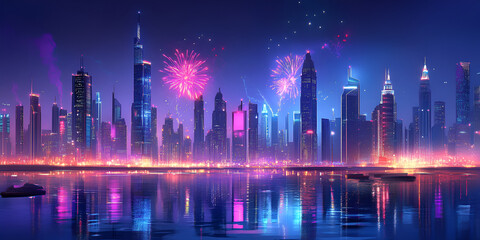 Futuristic City Skyline Illuminated by Fireworks