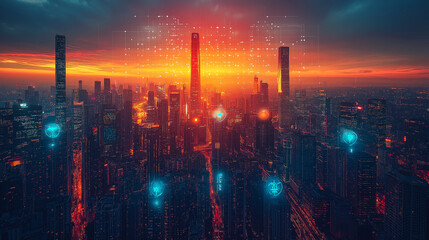 Fototapeta premium Cyberpunk Cityscape: A captivating view of a futuristic metropolis illuminated by neon lights and digital particles, with a fiery sunset casting an ethereal glow over the towering skyscrapers.