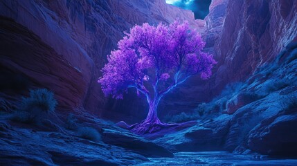 A vibrant, surreal purple tree in a canyon, illuminated by ethereal light.