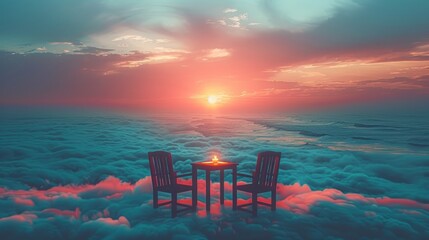 Naklejka premium Romantic sunset scene with two chairs and table on clouds.