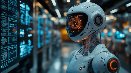 Advanced AI Robot in futuristic data center 