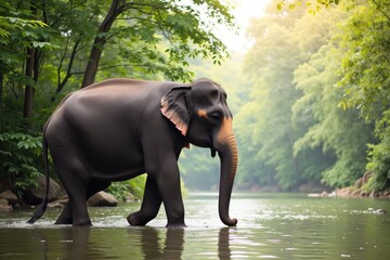 Majestic Elephant Walking Through a Serene River Crossing Surrounded by Lush Greenery in a Tranquil Forest Setting