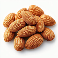 Almonds with leaves isolated on a white background, Almond nuts in white bowl isolated on a beige background. Minimal flat lay style. Top view, copy space.
