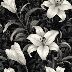 Elegant White Lilies and Tulips with Dark Leaves on Black Background