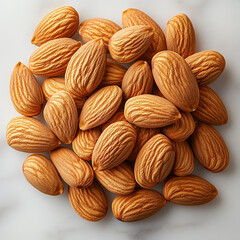 Fototapeta premium Almonds with leaves isolated on a white background, Almond nuts in white bowl isolated on a beige background. Minimal flat lay style. Top view, copy space. 