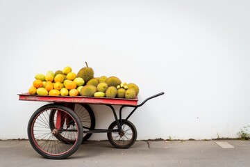 Colorful Fruit Cart Displaying Tropical Fruits Like Durian and Papaya Against a White Wall, Perfect for Market and Vendor Concepts in Culinary Projects