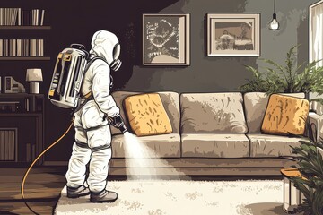 A person in a spacesuit sprays a couch in a stylish living room.
