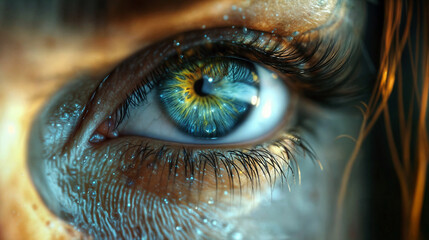 Extreme macro photography of mesmerizing turquoise human eye with water droplets, long eyelashes and golden yellow iris ring in dramatic lighting