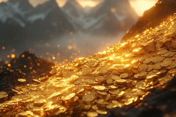 Mountains of gold coins gleam in sunset. Illustrates wealth, riches, treasure, and success.