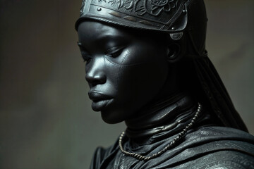 Young African woman in artistic black leather attire with ornate crown and necklace, profile portrait showing regal expression against dark background