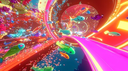 Obraz premium Vibrant colorful fish swim in a surreal, glowing tunnel.
