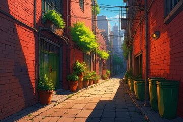 Fototapeta premium Sleek alley with bright yellow reflections, black-framed glowing windows, green pots along red and white walls, in anime style