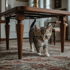 A kitten playing under a dining table in a grand house.