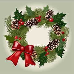 Wreath with cones and coniferous branches. Christmas wreath vector image. Festive decor on the wall or door.
