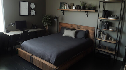 Small industrial-style bedroom with wooden platform bed, dark gray bedding, black metal shelving unit, concrete desk, metal chair, dark wood floor, and warm industrial lighting for a stylish