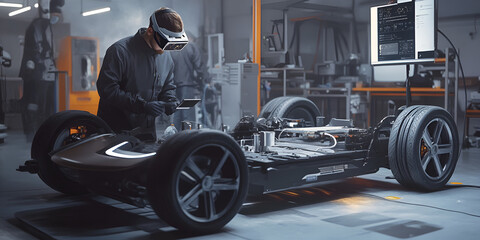 Engineer Examining Electric Car Base with Virtual Reality Gear