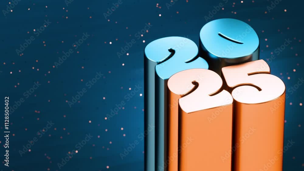 Poster new year 2025 looping video with metallic numbers in blue and gold on a festive background with conf