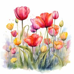 A vibrant watercolor painting of colorful tulips blooming in a lush garden, showcasing various shades of pink, yellow, and orange.