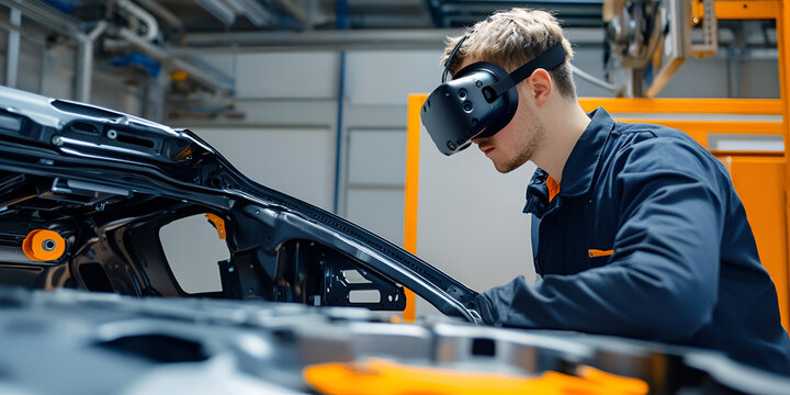 Technician Analyzing 3D Car Design on Computer with VR Headset