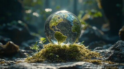 Crystal globe putting on moss, ESG icon for Environment Social and Governance,