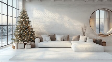 modern white living room interior with christmas tree