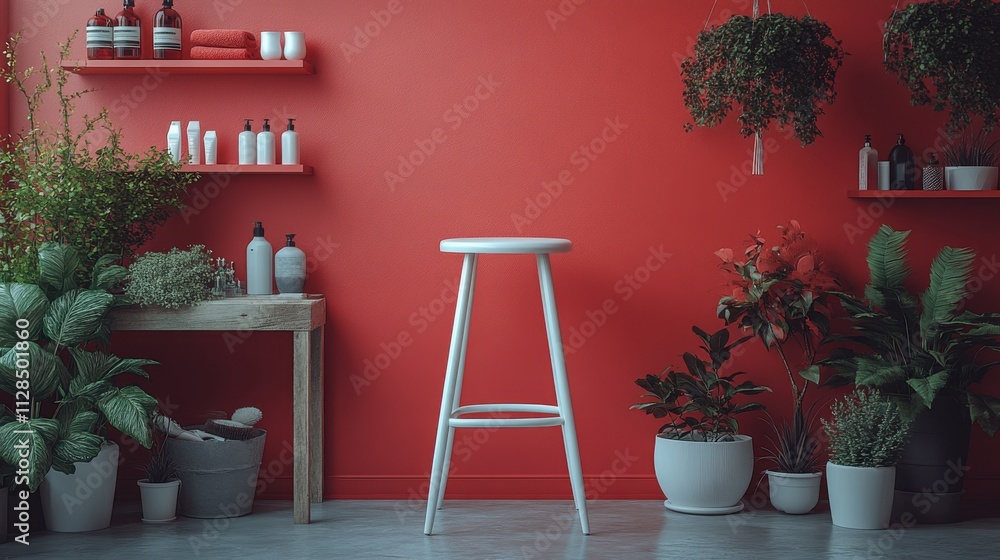 Poster monochrome one color household objects three dimensional icons and a tall red stool against a red ba