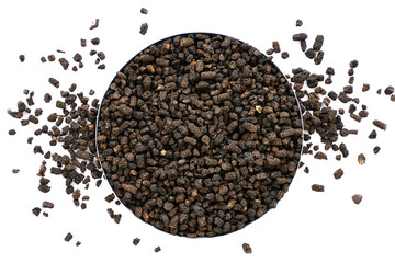 long pepper, heap of pippali (Piper Longum ,Piper retrofractum) dried herb ingredient isolated in white background.