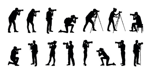  Photographers with camera various poses black silhouette set collection.