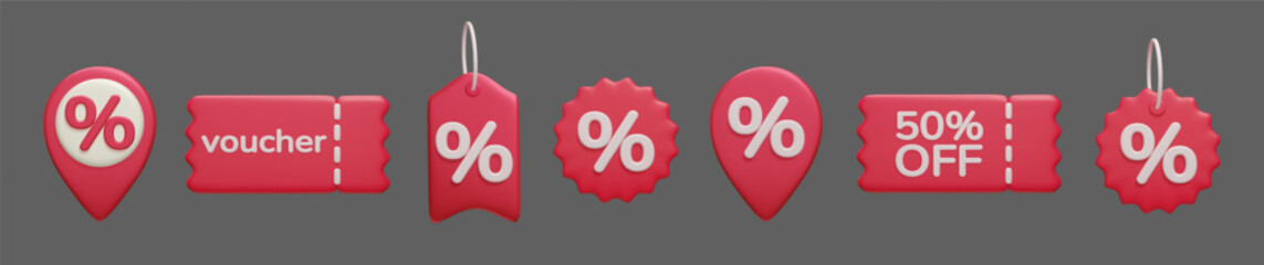  Red 3D promotion labels set. Special offer percent sign voucher, shopping coupon, price tag, discount promo pin. Vector illustration 3D render icon set of different sale vouchers, price tag stickers.
