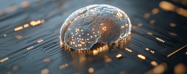 A futuristic, glowing brain-like structure on a dark surface, surrounded by shimmering light, suggesting advanced technology and innovation.
