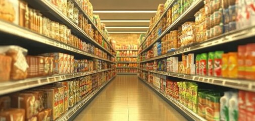 A grocery store aisle filled with various packaged products, showcasing a colorful array of food items on the shelves.