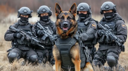 German Shepherd dog in tactical vest with SWAT team. Illustrates canine unit's role in law enforcement.