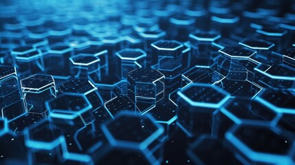 Obraz premium Complex network of interconnected hexagonal structures glowing with blue light, symbolizing big data, blockchain technology, and the interconnected nature of information in a futuristic setting