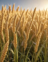 The golden hue of mature wheat ripens in the sun on a clear and sunny day, farm land, crops