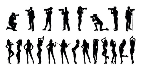 Realistic silhouette set of male and female photographers and group of sexy female models in various poses standing in row.