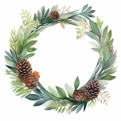 Fototapeta premium A beautiful watercolor wreath featuring pinecones and greenery, perfect for seasonal decor or a nature-inspired design.