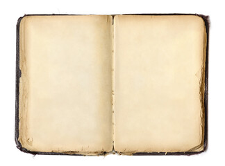 Open old shabby brown book with faded blank pages space for text on white background