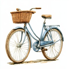 A vintage blue bicycle with a wicker basket, exuding charm and simplicity, perfect for leisurely rides through picturesque landscapes.